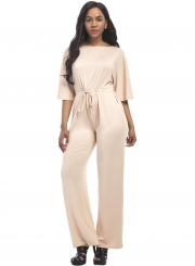 Solid Half Sleeve Round Neck Waist Tie Wide Leg Jumpsuit With Pockets