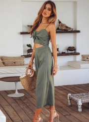 Summer Solid Spaghetti Strap Front Bow Backless Wide leg Jumpsuit