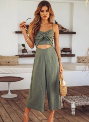Summer Solid Spaghetti Strap Front Bow Backless Wide leg Jumpsuit
