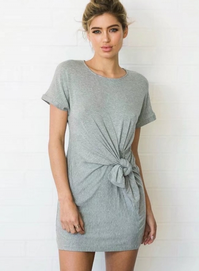 Summer Casual Solid Short Sleeve Round Neck Waist Knot Women Dress LZDINTECOMMERCE.com