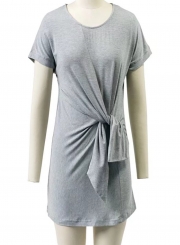 Summer Casual Solid Short Sleeve Round Neck Waist Knot Women Dress