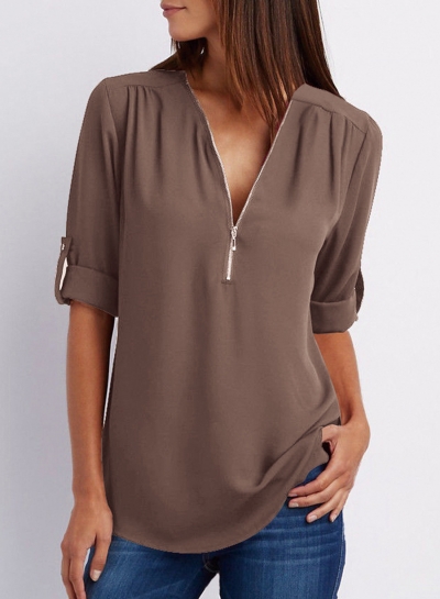 Casual Loose Chiffon Solid Long Sleeve Zip V Neck Blouse YOUYOUFASHIONEC.com