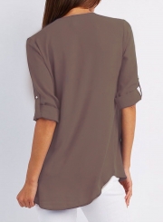 Casual Loose Chiffon Solid Long Sleeve Zip V Neck Blouse