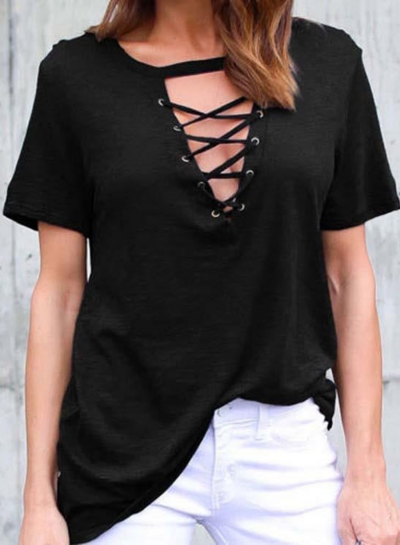 Summer Casual Loose Solid Lace-up V Neck Short Sleeve Tee Shirt STYLESIMO.com