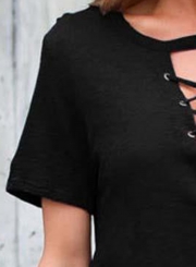 Summer Casual Loose Solid Lace-up V Neck Short Sleeve Tee Shirt