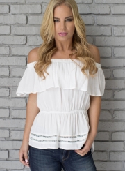 Summer Irregular Solid Ruffle Off The Shoulder Short Sleeve Blouse