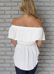 Summer Irregular Solid Ruffle Off The Shoulder Short Sleeve Blouse