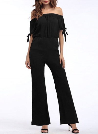 Solid Lace-up Short Sleeve Off The Shoulder Wide Leg Jumpsuit YOUYOUFASHIONEC.com