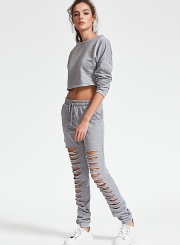 Solid Ripped Long Sleeve Round Neck Crop Top Lace-up Pants Set