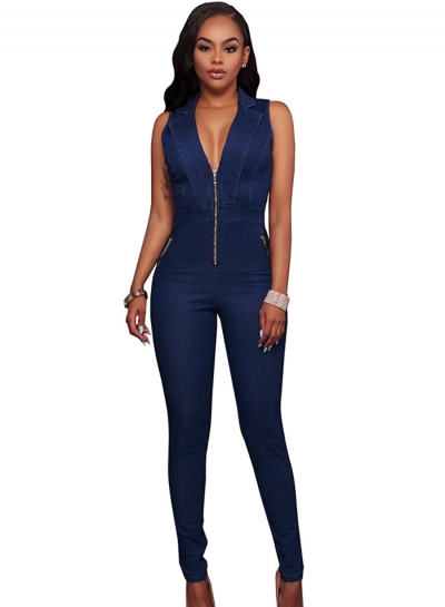 Fashion Slim Denim Sleeveless V Neck Front Zip Jumpsuit LEXELFASHIONINTSHOPS.com