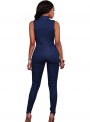 Fashion Slim Denim Sleeveless V Neck Front Zip Jumpsuit