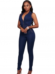 Fashion Slim Denim Sleeveless V Neck Front Zip Jumpsuit