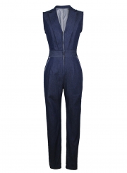 Fashion Slim Denim Sleeveless V Neck Front Zip Jumpsuit