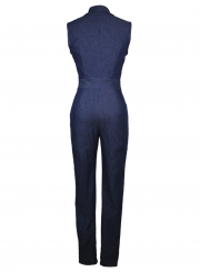 Fashion Slim Denim Sleeveless V Neck Front Zip Jumpsuit