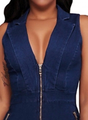 Fashion Slim Denim Sleeveless V Neck Front Zip Jumpsuit