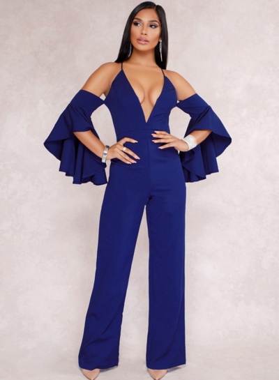 Fashion Sexy Solid Flounce Sleeve V Neck Back Zip Wide Leg Jumpsuit LEXELFASHIONINTSHOPS.com