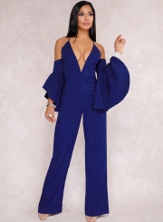Fashion Sexy Solid Flounce Sleeve V Neck Back Zip Wide Leg Jumpsuit
