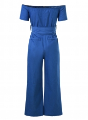 Fashion Sexy Denim Short Sleeve Off The Shoulder Lace-up Wide Leg Jumpsuit