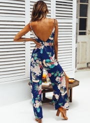 Blue Floral Printed V Neck Lace-up Slit Straight Jumpsuit For Women