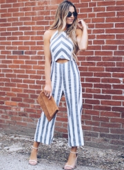 Casual Striped Sleeveless Halter Nackless Straight Wide Leg Jumpsuit