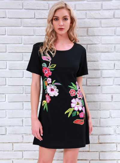 Casual Loose Floral Embroidered Short Sleeve Pullover Dress STYLESIMO.com