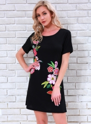 Casual Loose Floral Embroidered Short Sleeve Pullover Dress