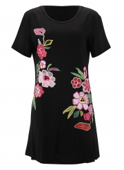 Casual Loose Floral Embroidered Short Sleeve Pullover Dress