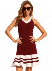 Burgundy White Cute Ruffle Hem Mini Dress