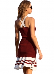 Burgundy White Cute Ruffle Hem Mini Dress