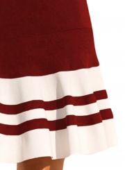 Burgundy White Cute Ruffle Hem Mini Dress