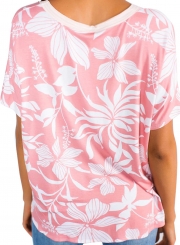 Pink White Floral Button Front Short Sleeve Top