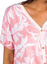 Pink White Floral Button Front Short Sleeve Top