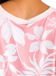 Pink White Floral Button Front Short Sleeve Top