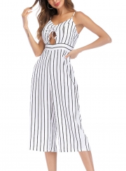 Fashion Striped Spaghetti Strap Front Lace-up High Waist Wide Leg jumpsuit