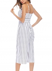 Fashion Striped Spaghetti Strap Front Lace-up High Waist Wide Leg jumpsuit