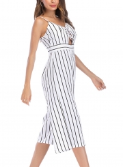 Fashion Striped Spaghetti Strap Front Lace-up High Waist Wide Leg jumpsuit