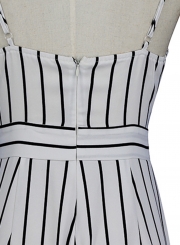 Fashion Striped Spaghetti Strap Front Lace-up High Waist Wide Leg jumpsuit