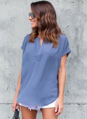Summer Casual Loose Solid Short Sleeve V Neck Blouse