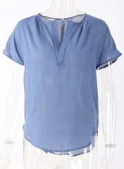 Summer Casual Loose Solid Short Sleeve V Neck Blouse