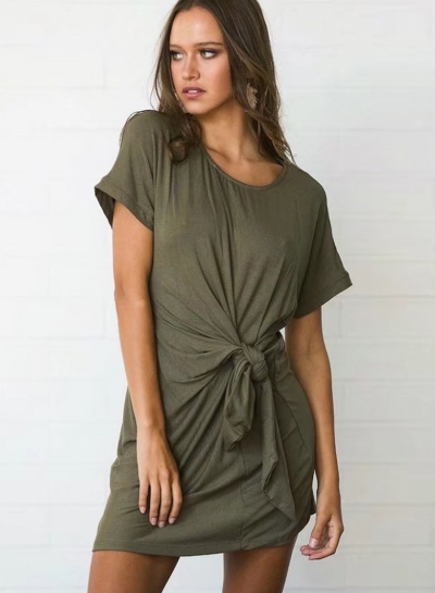 Summer Casual Solid Short Sleeve Round Neck Waist Knot Women Dress LZDINTECOMMERCE.com