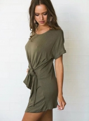 Summer Casual Solid Short Sleeve Round Neck Waist Knot Women Dress