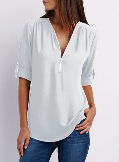 Casual Loose Chiffon Solid Long Sleeve Zip V Neck Blouse YOUYOUFASHIONEC.com