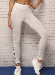 Summer Casual Sexy Solid Elastic Waist Lace-up Women Yoga Leggings