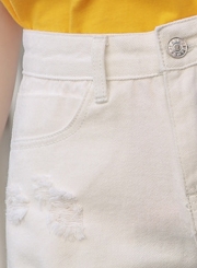 Casual White Denim High Waist Ripped Burrs Slit Wide Leg Shorts