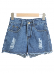 Casual Ripped Burrs Denim High Waist Wide Leg Hot Shorts With Zipper Fly