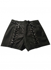 Summer Solid Straight High Waist Side Lace-Up Zipper Fly Wash Punk Shorts