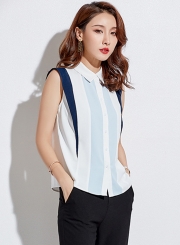 Chiffon Colorblock Sleeveless Turn-Down Collar Button Down Shirt