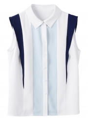 Chiffon Colorblock Sleeveless Turn-Down Collar Button Down Shirt