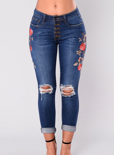 Casual Slim Ripped Embroidered Front Buttons Rolled Jeans STYLESIMO.com