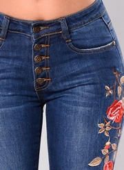 Casual Slim Ripped Embroidered Front Buttons Rolled Jeans